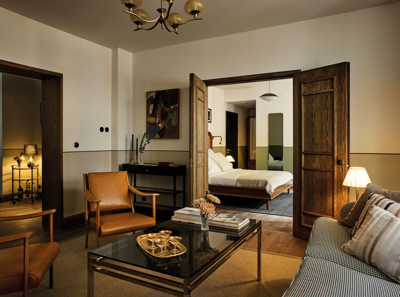 This room features a warm material palette and a wealth of textures