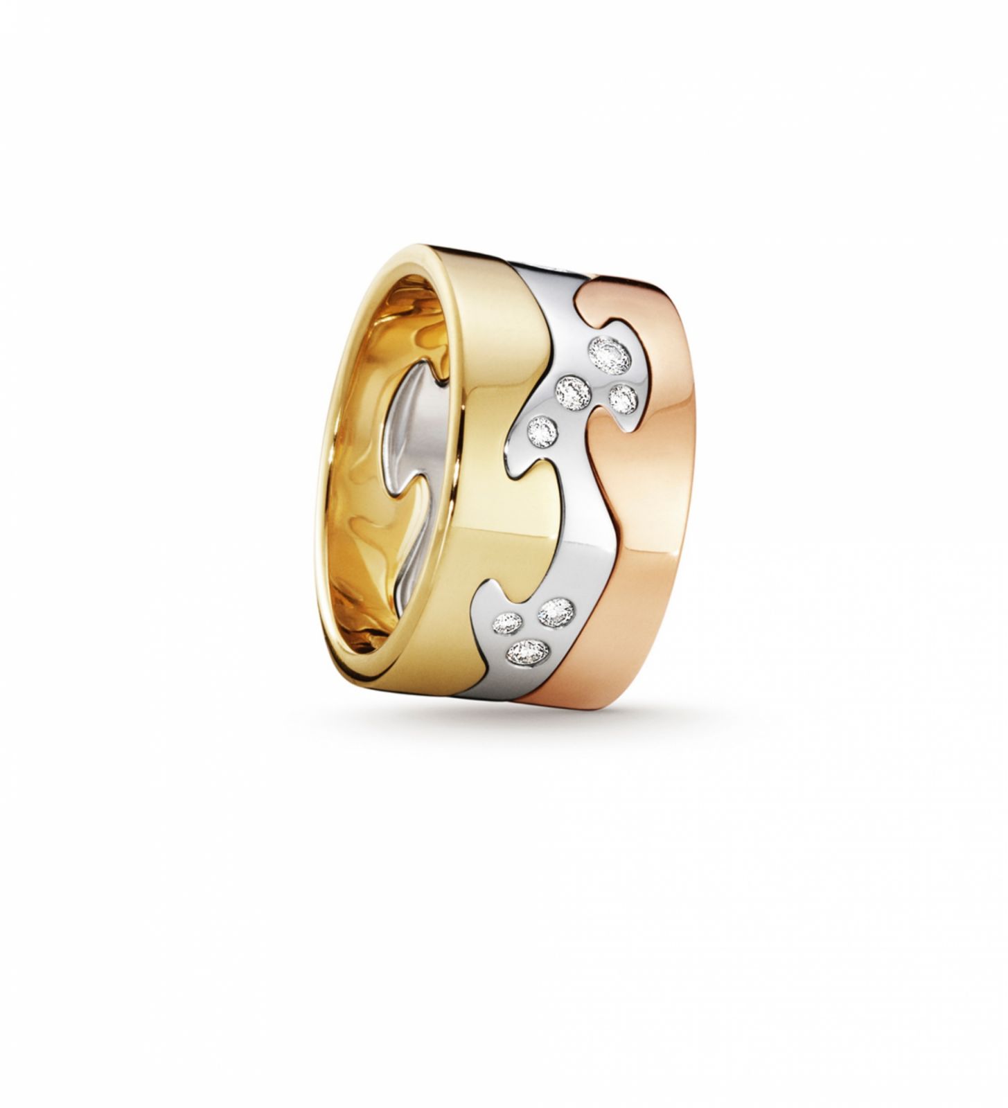 Fusion系列18K黃金、白金、玫瑰金三件式組合戒指。（Photo: Georg Jensen）