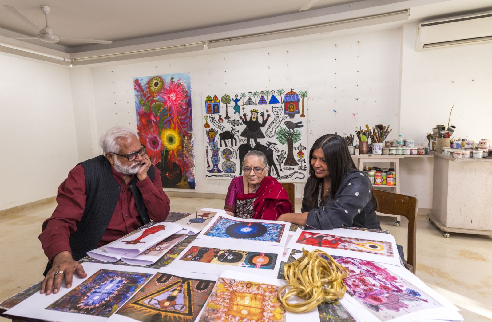 Karishma Swali with Madhavi and Manu Parekh at their studio in New Delhi in 2023 )Photo: Sahiba Chawdhary)
