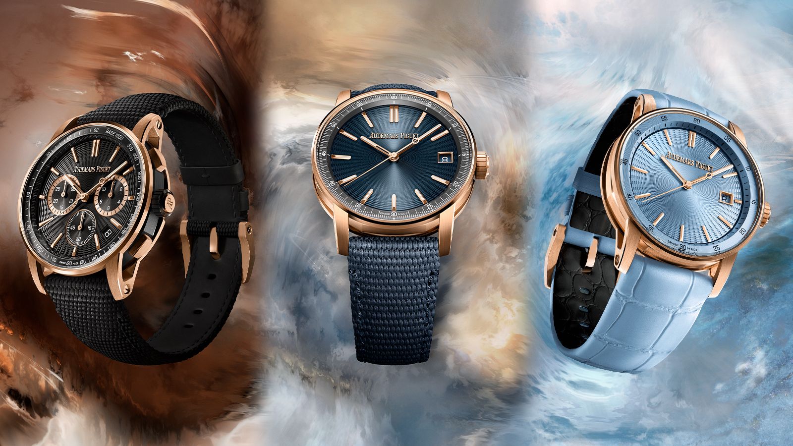 The 41mm Code 11.59 by Audermars Piguet Selfwinding Chronograph with black dial, the 38mm Code 11.59 by Audemars Piguet Selfwinding with “Bleu Nuit, Nuage 50” dial, and the Code 11.59 by Audemars Piguet Selfwinding in 38mm with light blue dial