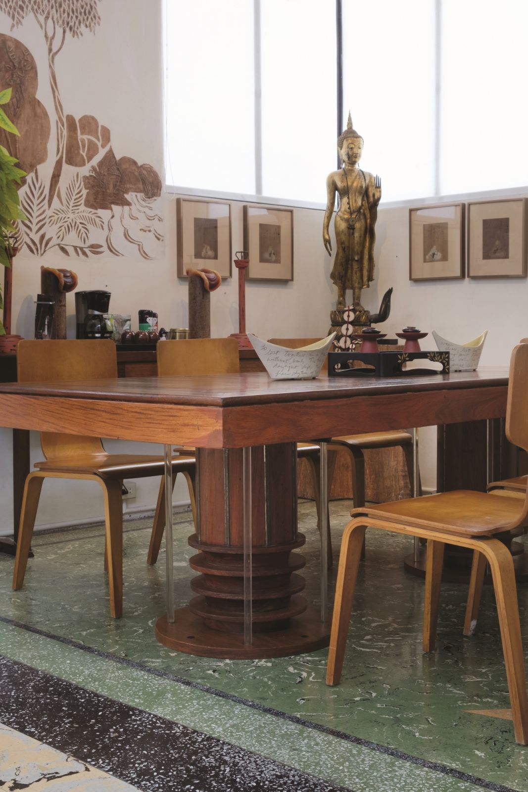 The old dining table is now used as a centrepiece in the Spider and Fly Room