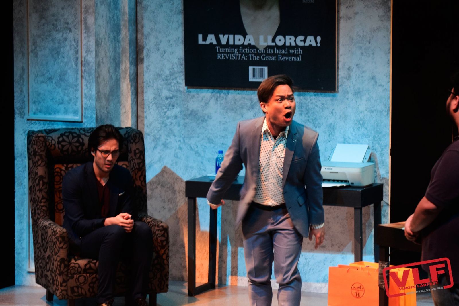 Rafa Siguion-Reyna, Ricci Chan, and Guelan Luarca in a scene from Carlo Vergara's 'Edgar Allan Hemingway' (Photo: Tanghalang Pilipino/Virgin Labfest)