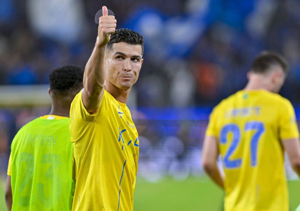 RIYADH, SAUDI ARABIA - MAY 17: Cristiano Ronaldo of Al-Nassr greets the crowd during the Saudi Pro League 32nd week football match between Al-Nassr and Al-Hilal at Al-Awwal Park Stadium in Riyadh, Saudi Arabia on May 17, 2024. (Photo by Mohammed Saad/Anadolu via Getty Images)