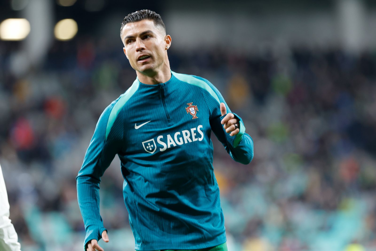 LJUBLJANA, SLOVENIA - MARCH 26: Cristiano Ronaldo of Portugal during the warming up  during the  International Friendly match between Slovenia  v Portugal  at the Stadium Stozice on March 26, 2024 in Ljubljana Slovenia (Photo by Damjan Zibert/Soccrates/Getty Images)