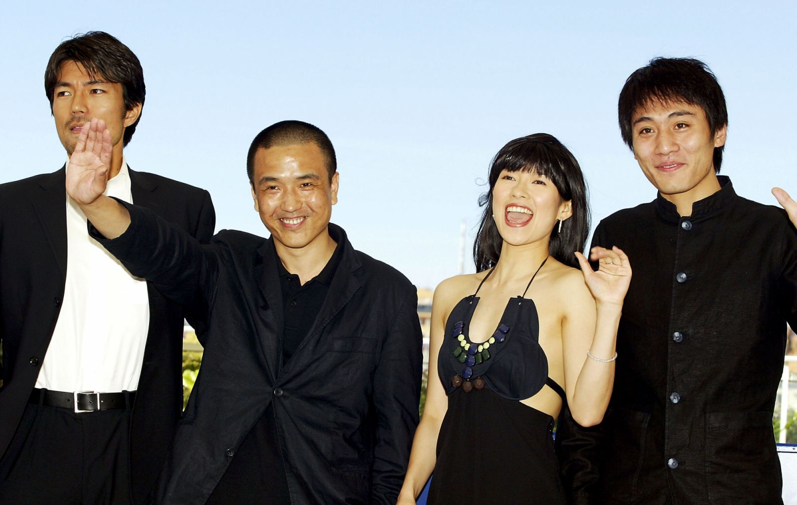 CANNES, FRANCE - MAY 22:  (L to R) Actor Toru Nakamura, director Lou Ye, actress Zhang Zi Yi and actor Liu Ye pose for photographers during the "Purple Butterfly" photocall at the Palais Des Festival during the 56th International Cannes Film Festival 2003 on May 22, 2003 in Cannes, France. (Photo by Scott Barbour/Getty Images)