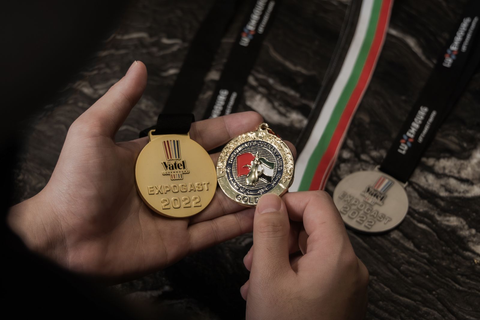 Chef Ow’s medals from Villeroy & Boch Culinary World Cup 2022 and Alen Thong Golden Coffee Pot Challenge 2023