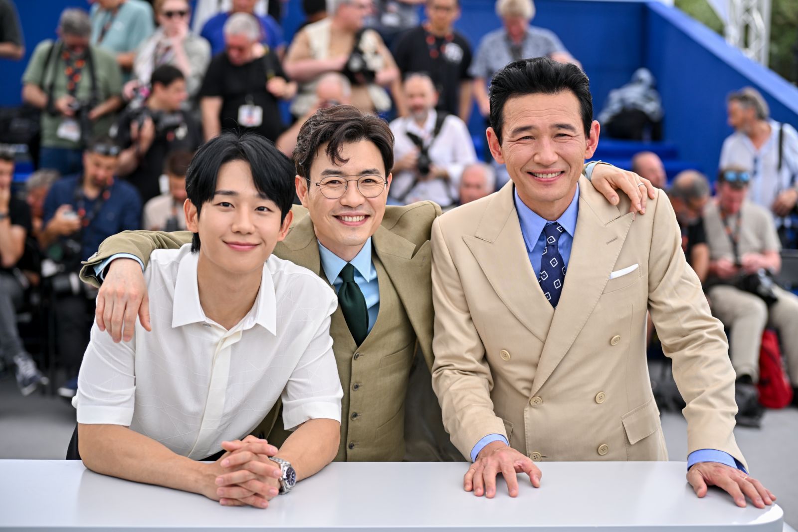 CANNES, FRANCE - MAY 20: Jung Hae-in, Ryoo Seung-wan and Hwang Jeong-min attend  the "Veteran 2" (I, The Executioner) photocall at the 77th annual Cannes Film Festival at Palais des Festivals on May 20, 2024 in Cannes, France. (Photo by Stephane Cardinale - Corbis/Corbis via Getty Images)