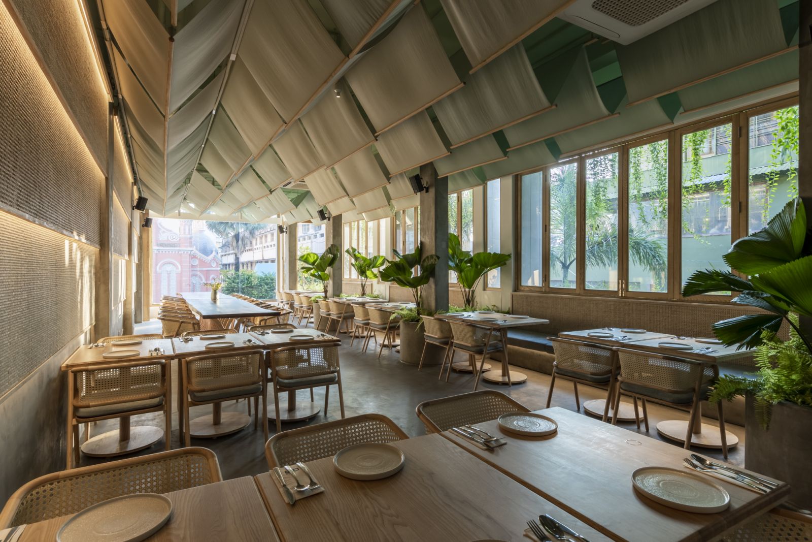 2nd floor restaurant with feature fabric ceiling (tides)