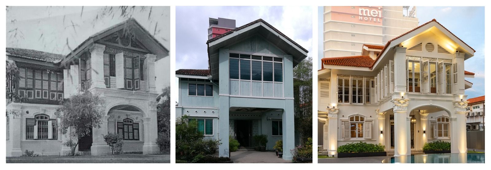 A comparison across time (from left to right); singular archival photo, before RT+Q Architects and SM Ooi Architect started work, the completed project by the two architectural firms