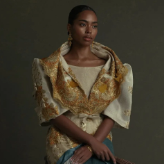Miss Universe Philippines 2024 Chelsea Manalo wearing a neutral gold baro't saya, a traditional dress ensemble (Photo: Chelsea Manalo/Instagram)