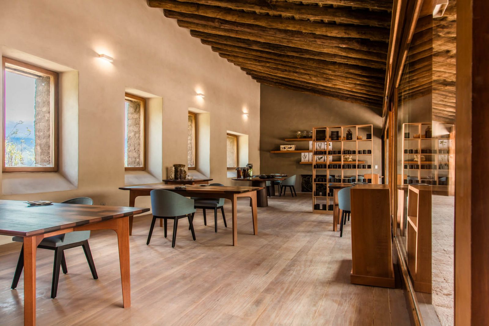 Warm tones and minimalist design welcome diners to the restaurant