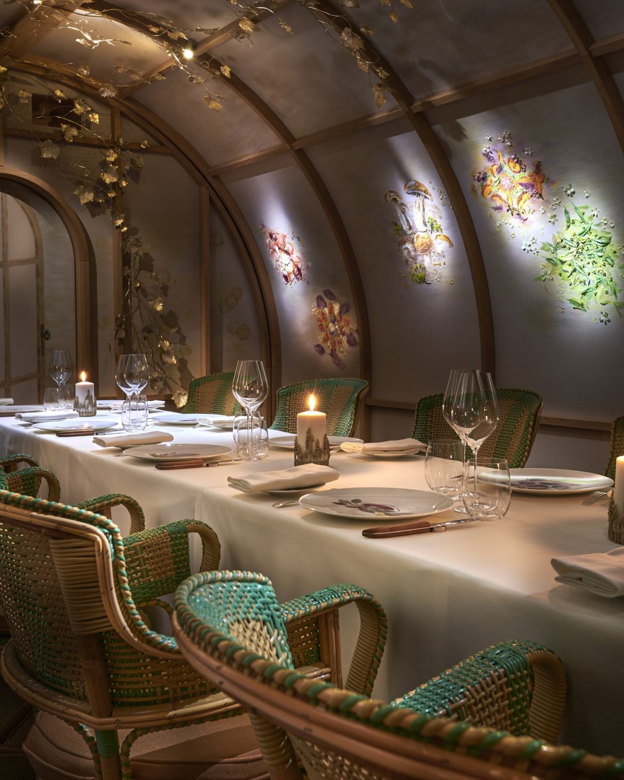 The dining space exudes a mix of French elegance and ethereal flair