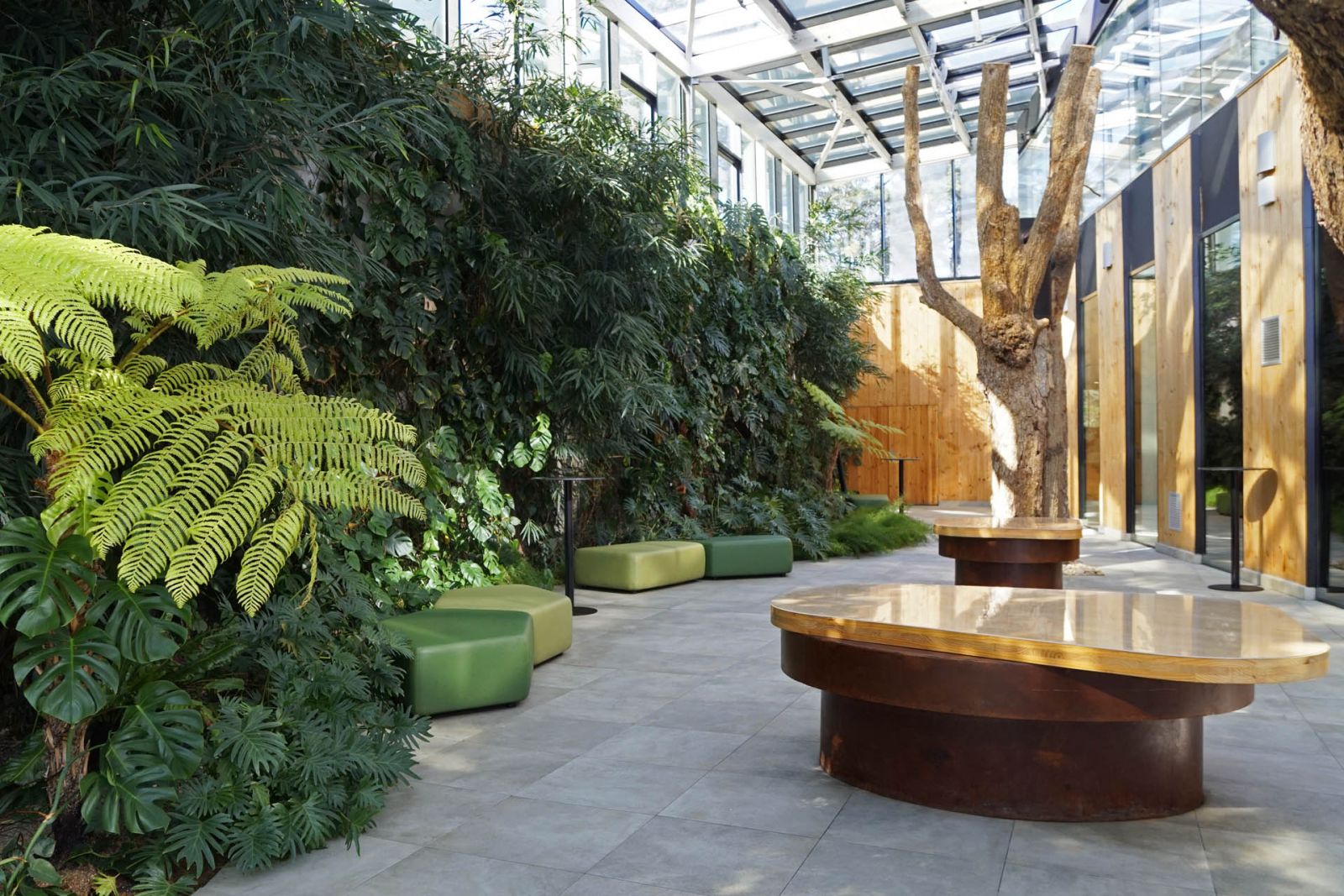 Another view of the modern, green interiors
