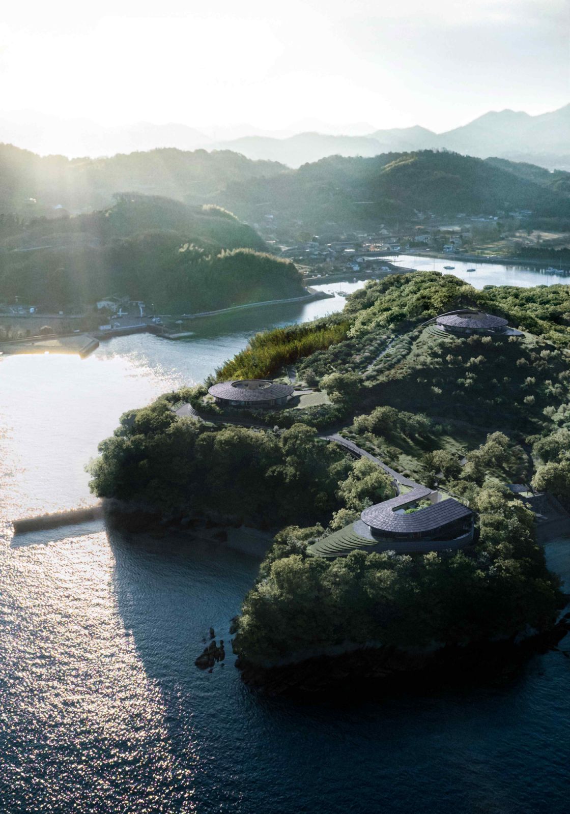 The restaurant and three villas are angled at 90 degrees, 180 degrees, 270 degrees, and 360 degrees
