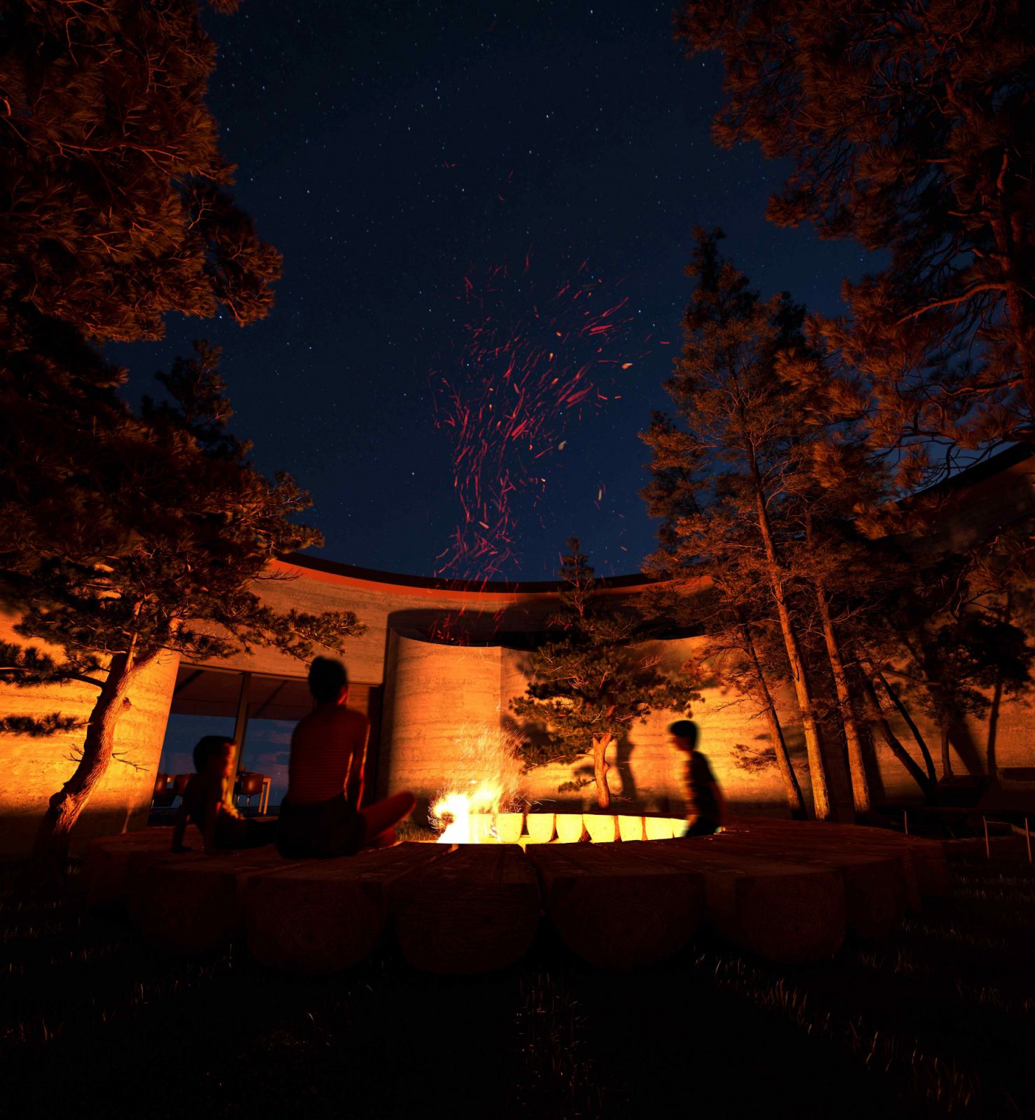 Each villa has an open firepit in the courtyard underneath the stars