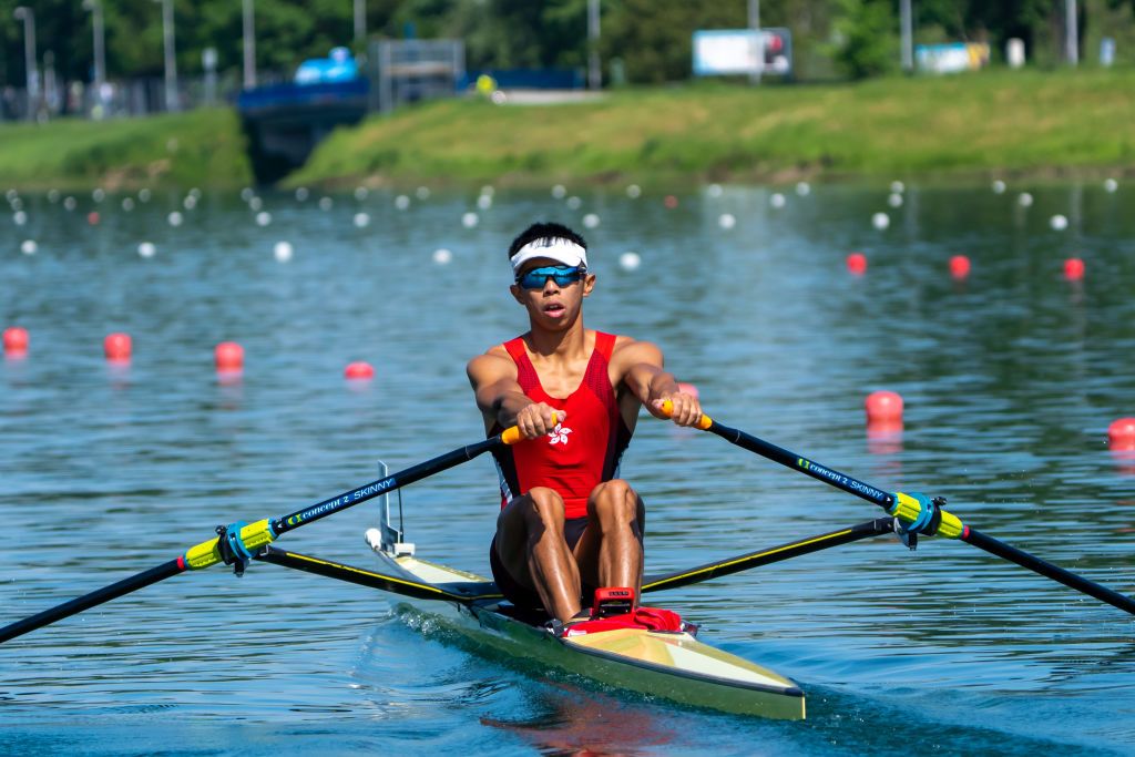ZAGREB, CROATIA - MAY 05: Hin Chun Chiu of Hong Kong, China competes in the Lightweight Men's Single Sculls heats during Day 1 of the 2023 World Rowing Cup I on Lake Jarun on May 05, 2023 in Zagreb, Croatia. (Photo by Nordin Catic/Getty Images)
