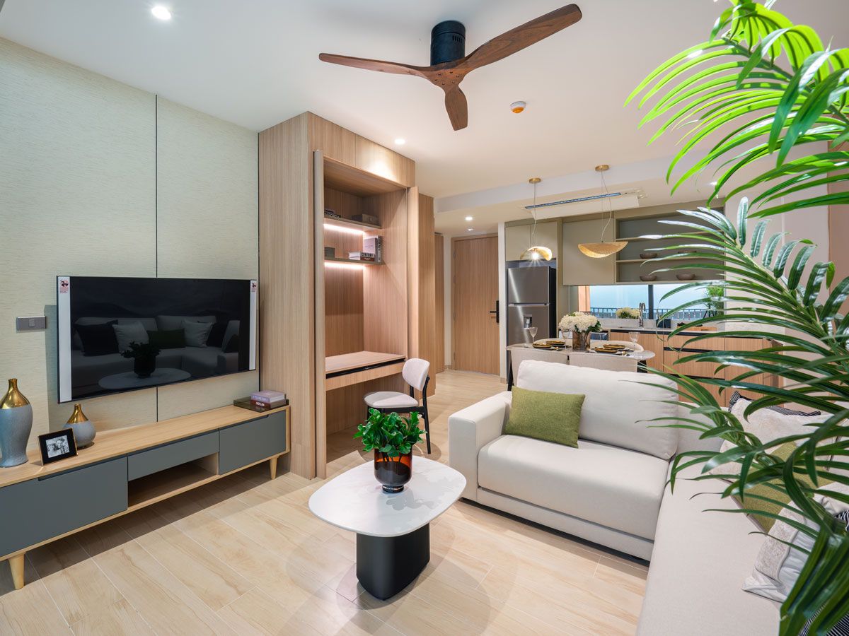 The living room of a two-bedroom condo unit at Lakeview Residences, one of the projects at Laguna Lakelands