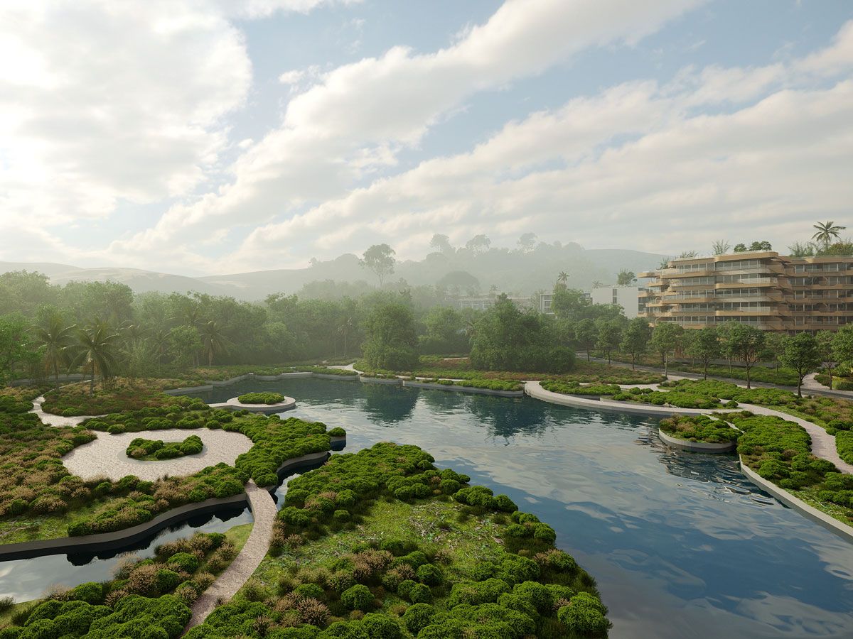 An artist's impression of the hiking trail snaking throughout the development