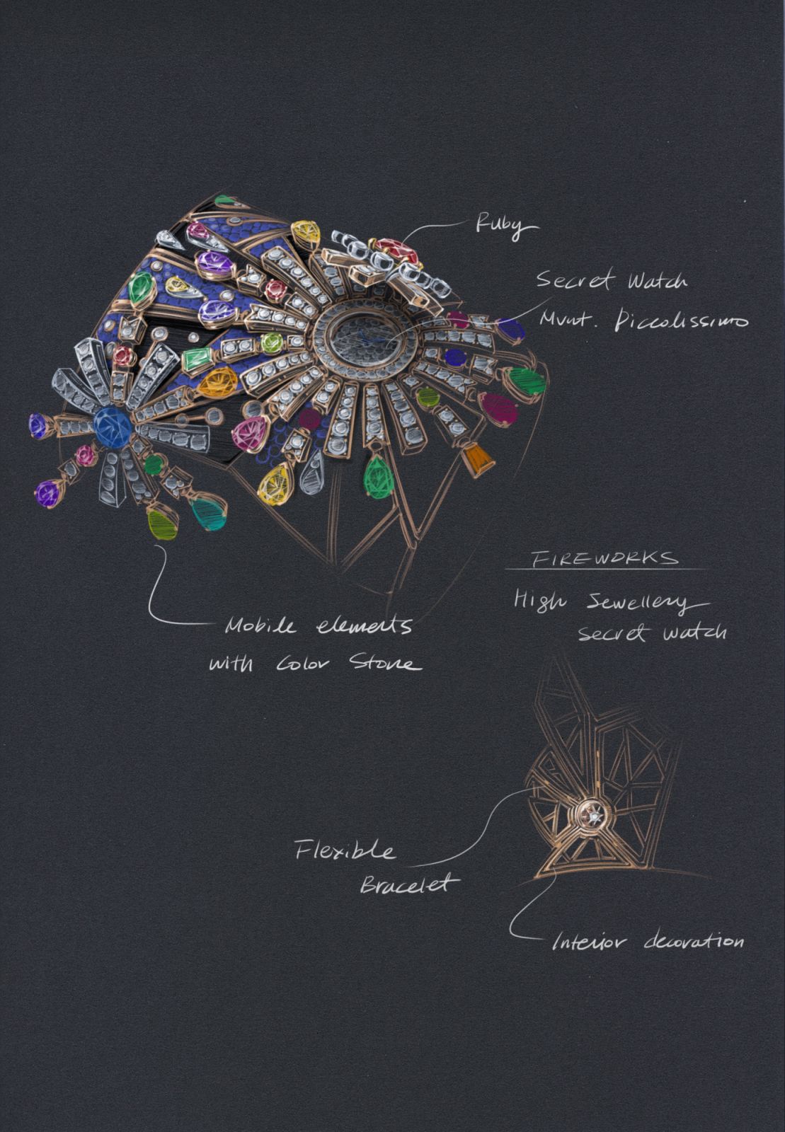 Fuochi D’Artificio煙火珠寶腕錶設計草圖。(Photo: Bulgari)