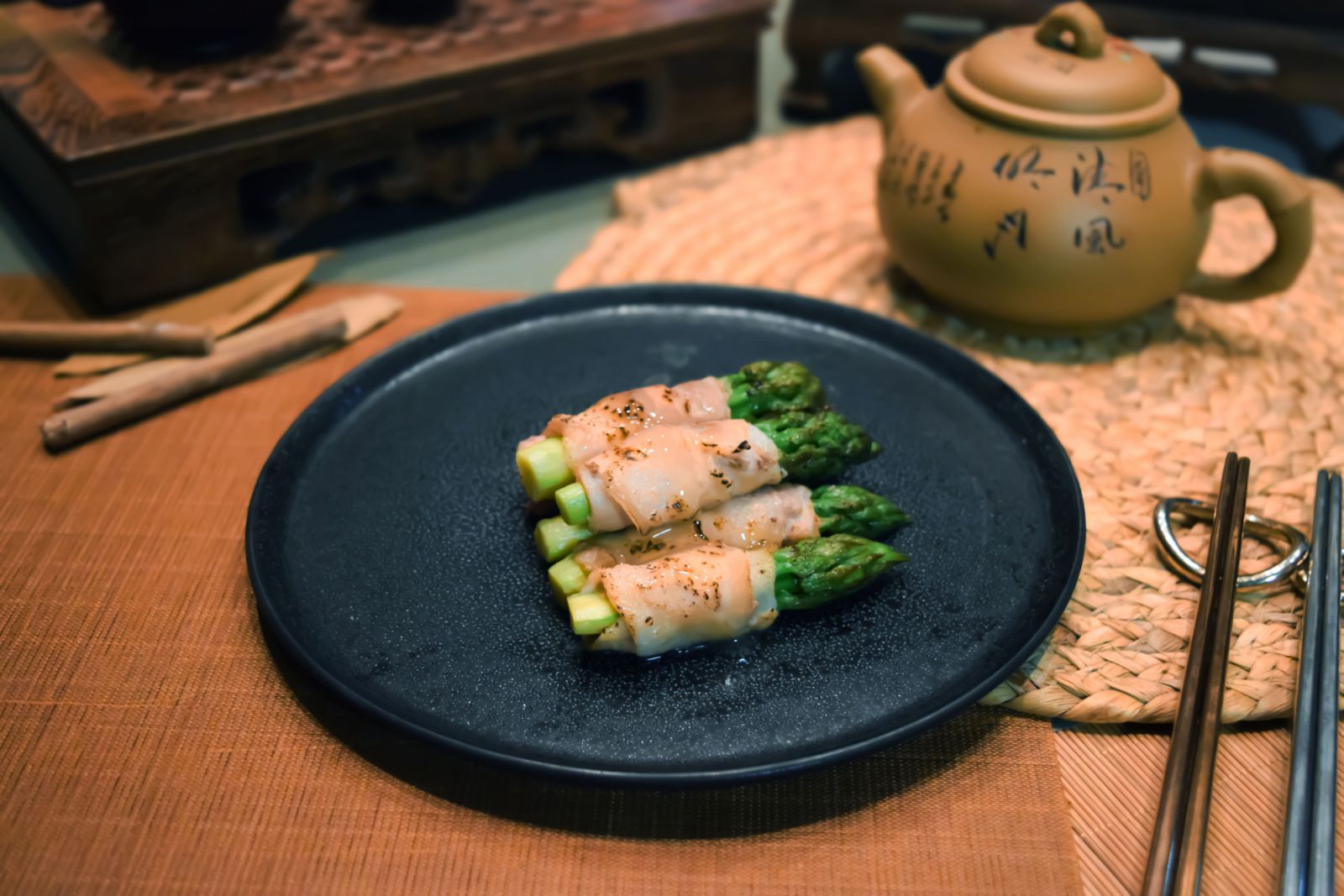Pan-fried sliced pork roll with asparagus at Peony Chinese Restaurant