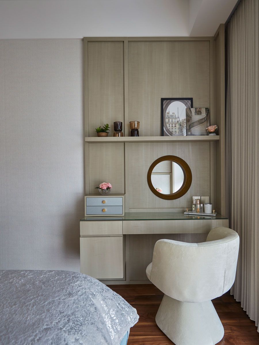 This vanity in the master bedroom features ample storage for the wife’s makeup and accessories