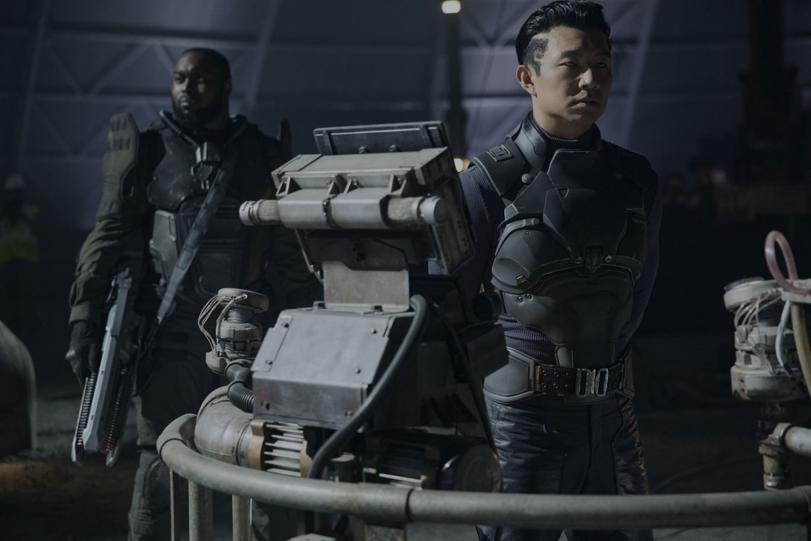 Atlas.  (L to R) Abraham Popoola as Casca and Simu Liu as Harlan in Atlas.  Cr. Ana Carballosa/Netflix ©2024