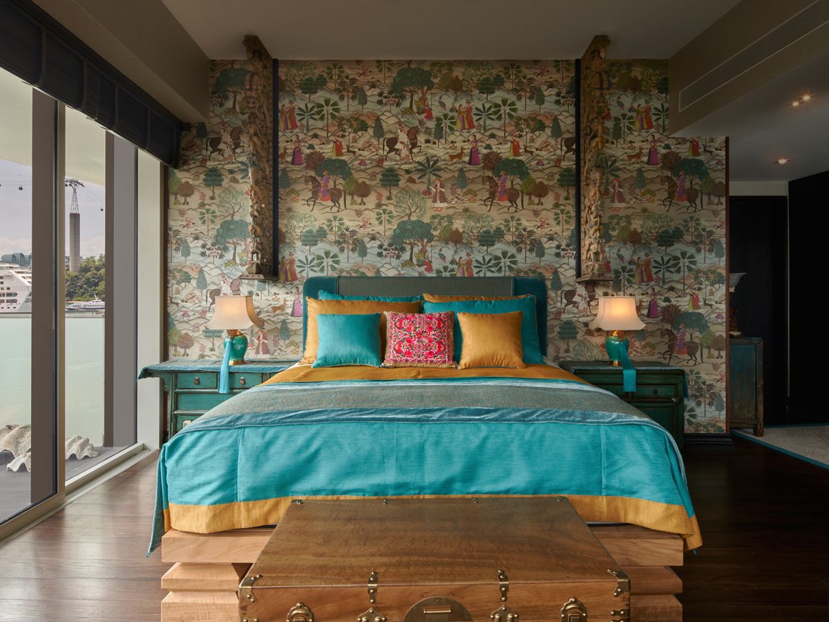 The bedrooms feature rich tangerine and teal tones as well as Mughal-inspired motifs for a majestic feel