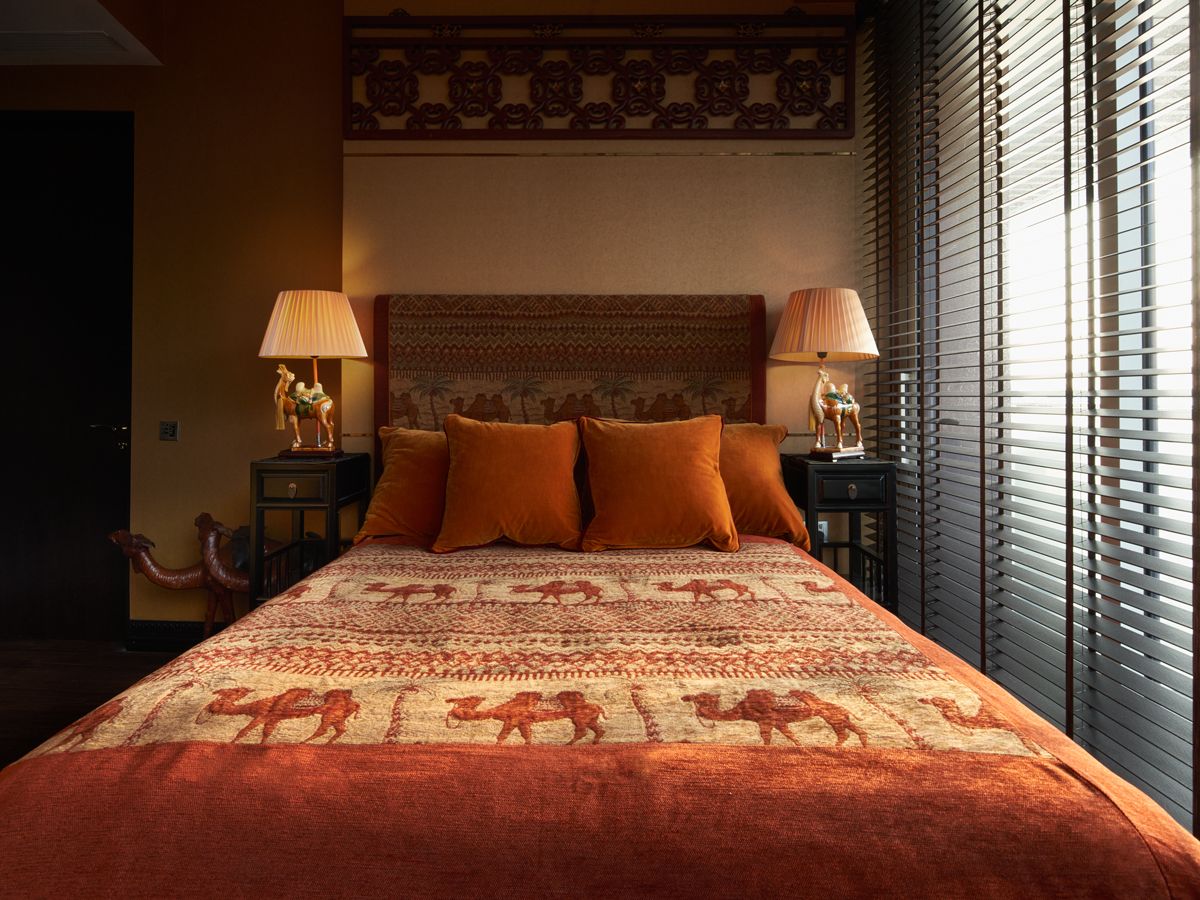 The bedrooms feature rich tangerine and teal tones as well as Mughal-inspired motifs for a majestic feel