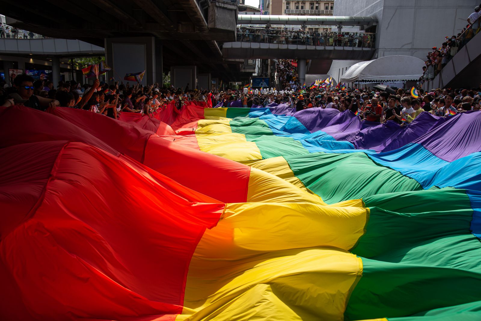 A huge rainbow flag seen on the Sukhumvit road during the Bangkok Pride Parade 2023