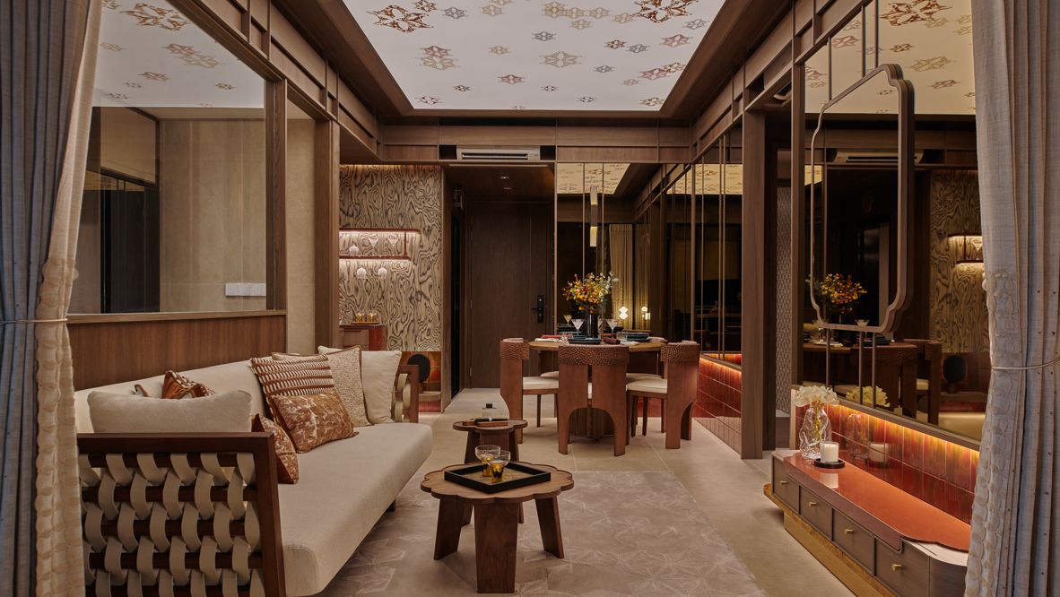The show unit presents a rich tapestry of textures and motifs that allude to the project’s Peranakan influences