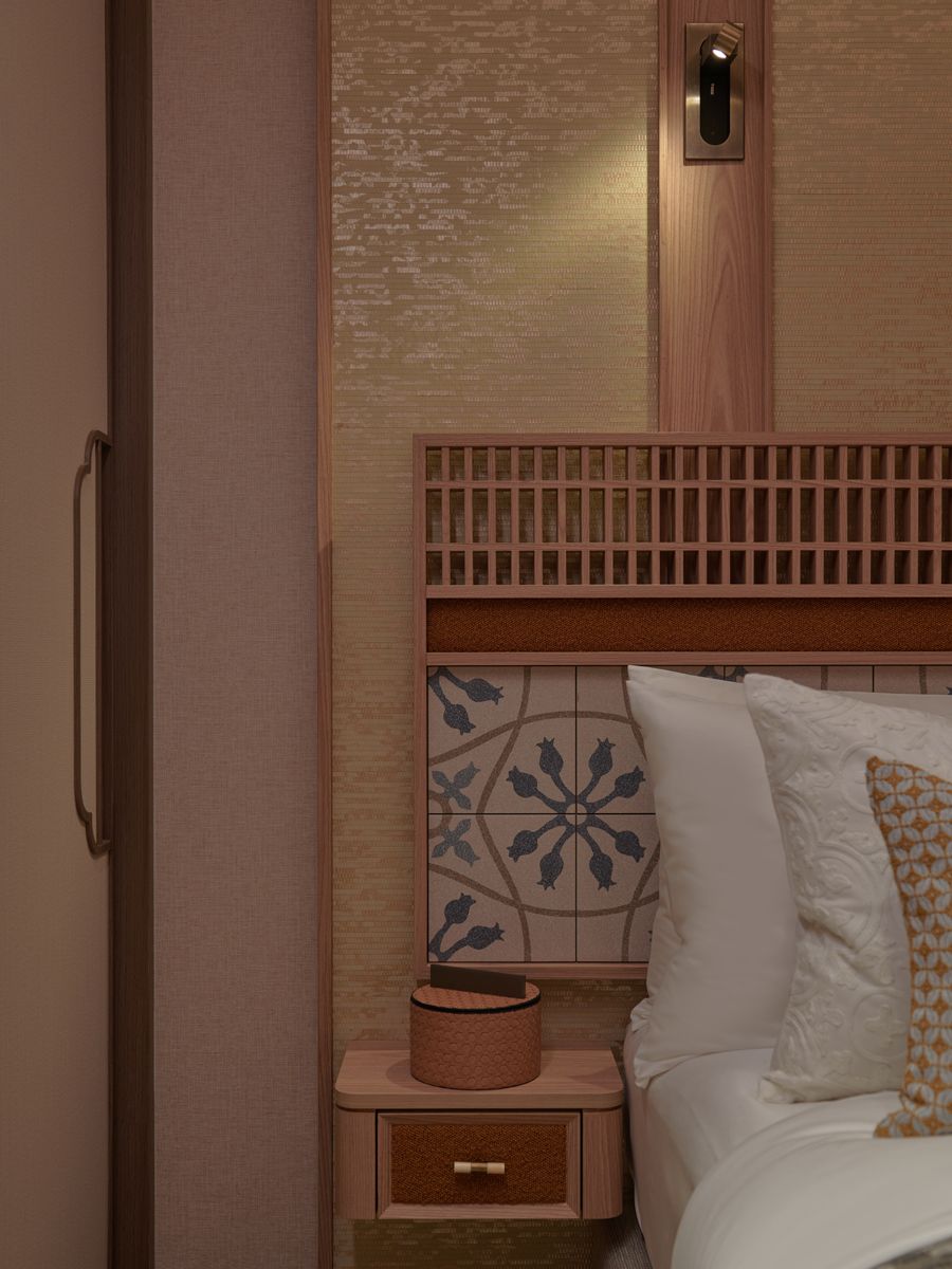 Peranakan tiles are applied to the headboard in another bedroom