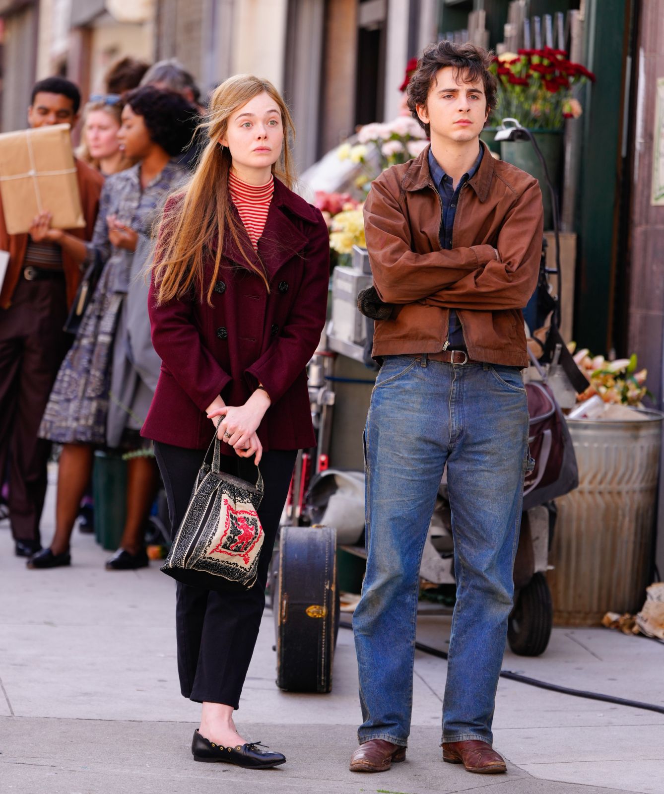 PATERSON, NEW JERSEY - APRIL 09: Elle Fanning and Timothee Chalamet are seen filming "A Complete Unknown" on April 09, 2024 in Paterson, New Jersey. (Photo by Gotham/GC Images)