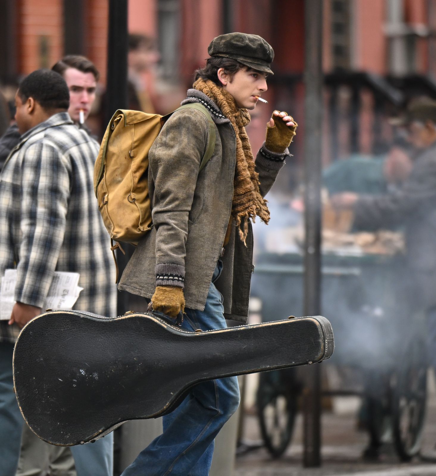 JERSEY CITY, NJ - APRIL 18: Timothee Chalamet is seen on the set of "A Complete Unknown" on April 18, 2024 in Jersey City, New Jersey. (Photo by James Devaney/GC Images)