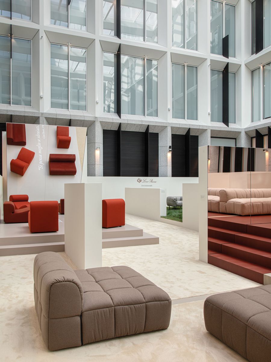 Cini Boeri’s iconic Strips sofa daybed upholstered in Loro Piana’s signature fabric