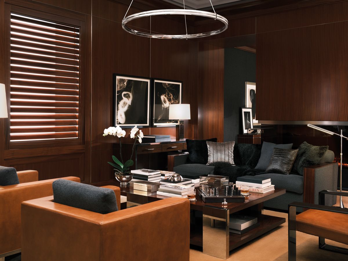 A stylish den decorated with Ralph Lauren’s Modern Driver collection