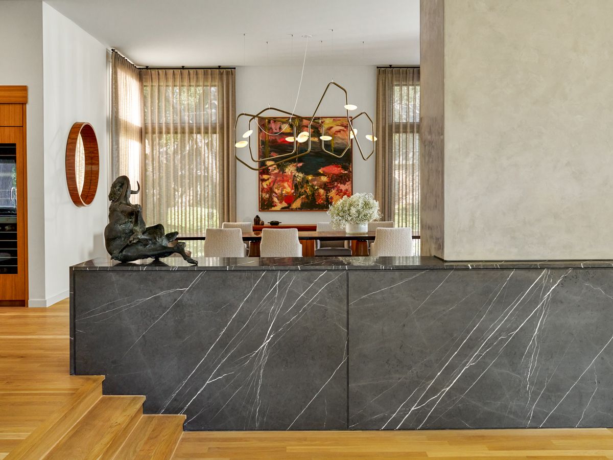 Jack Zajac’s bronze Bound Goat, Thursday sculpture adorns the anchoring Pietra Grey stone fixtures (Photo: Nathan Schroder)