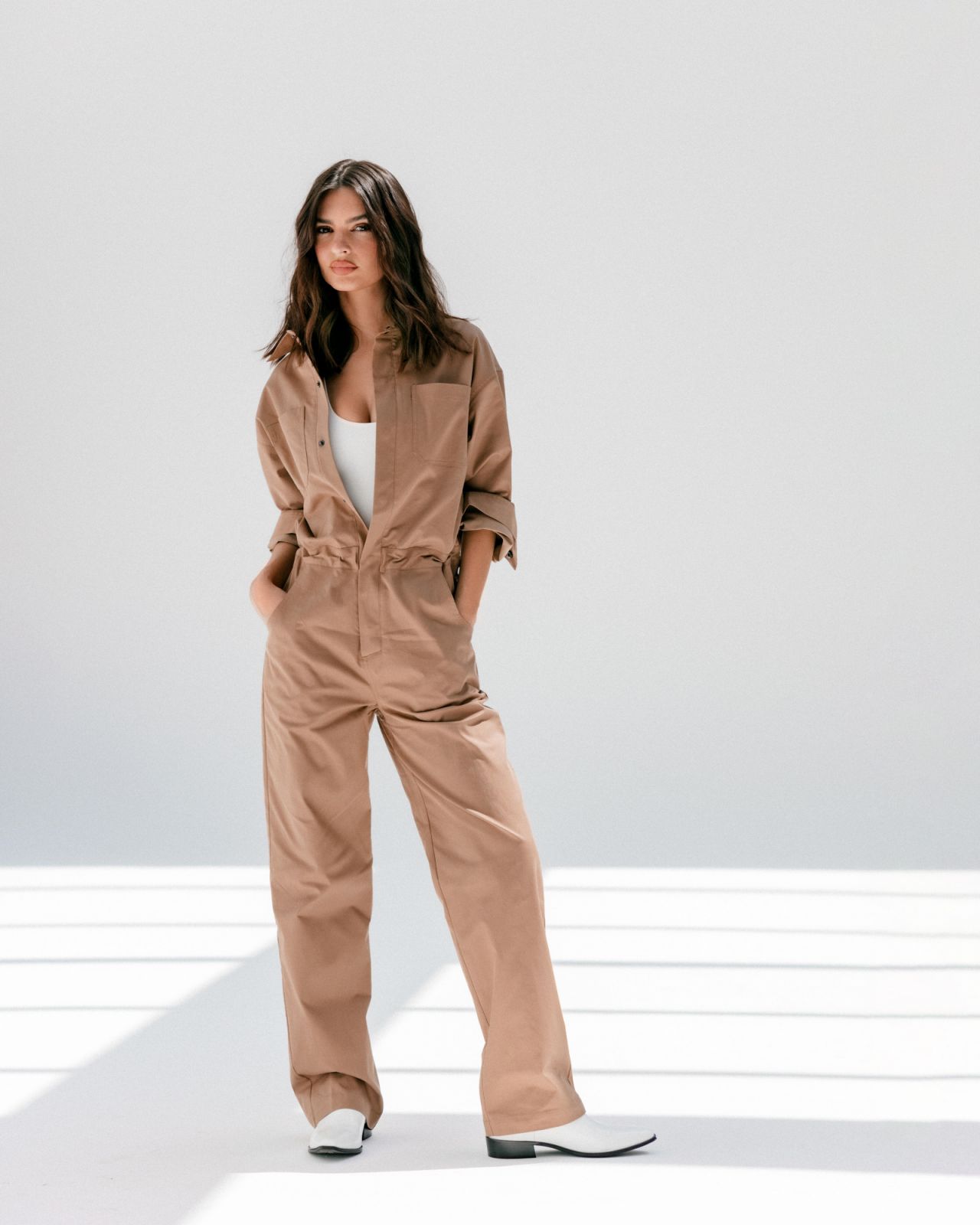 Emily Ratajkowski wears poplin overalls from Patton's Everyday Wear collection