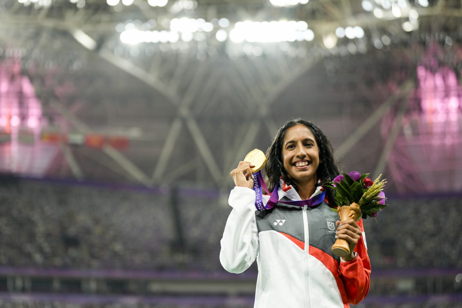 19th Asian Games - Athletics - Women 200M - Final - Hangzhou Olympic Sport Centre Stadium, Hangzhou, China - October 2, 2023 Singapore’s Pereira Veronica Shanti in action. SNOC / Kong Chong Yew