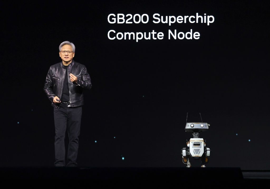 SAN JOSE, CALIFORNIA - MARCH 18: Nvidia CEO Jensen Huang delivers a keynote address during the Nvidia GTC Artificial Intelligence Conference at SAP Center on March 18, 2024 in San Jose, California. The developer conference is expected to highlight new chip, software, and AI processor technology. (Photo by Justin Sullivan/Getty Images)