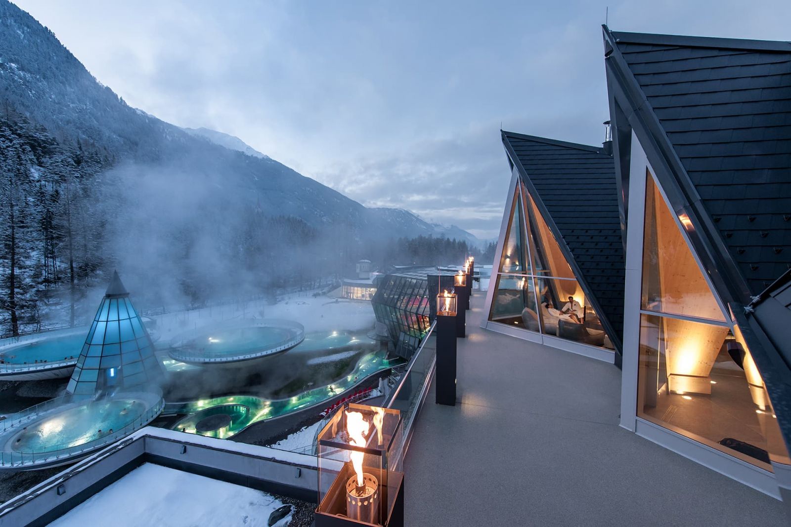Aqua Dome lights up like a dreamy mountain village in the evening