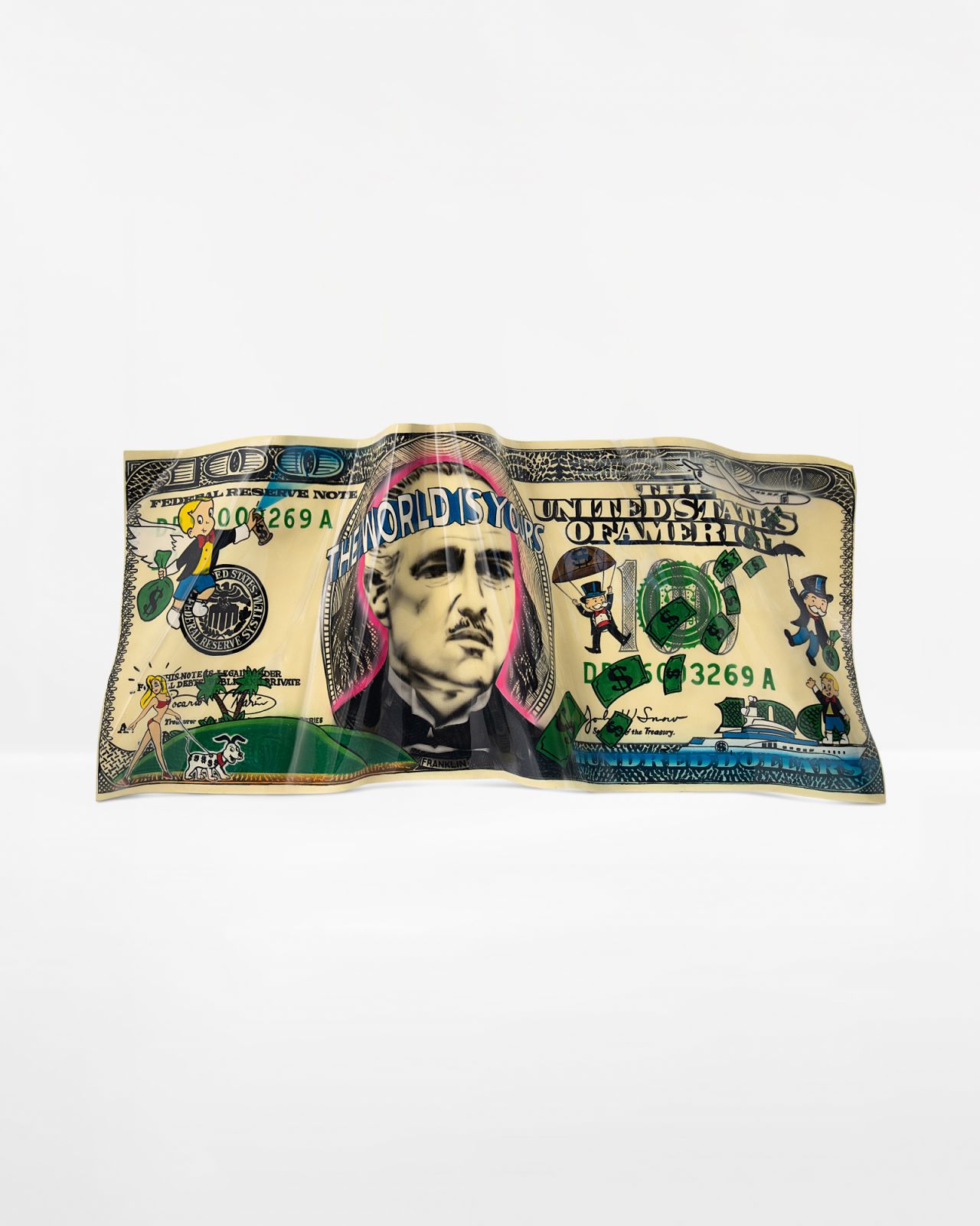 Dominik Haring’s ‘Money Mirage’ is a hand-painted pop artwork. “This is a really cool piece I created that explores the whole idea of temporary wealth and how it can be kind of deceptive,” he explains.