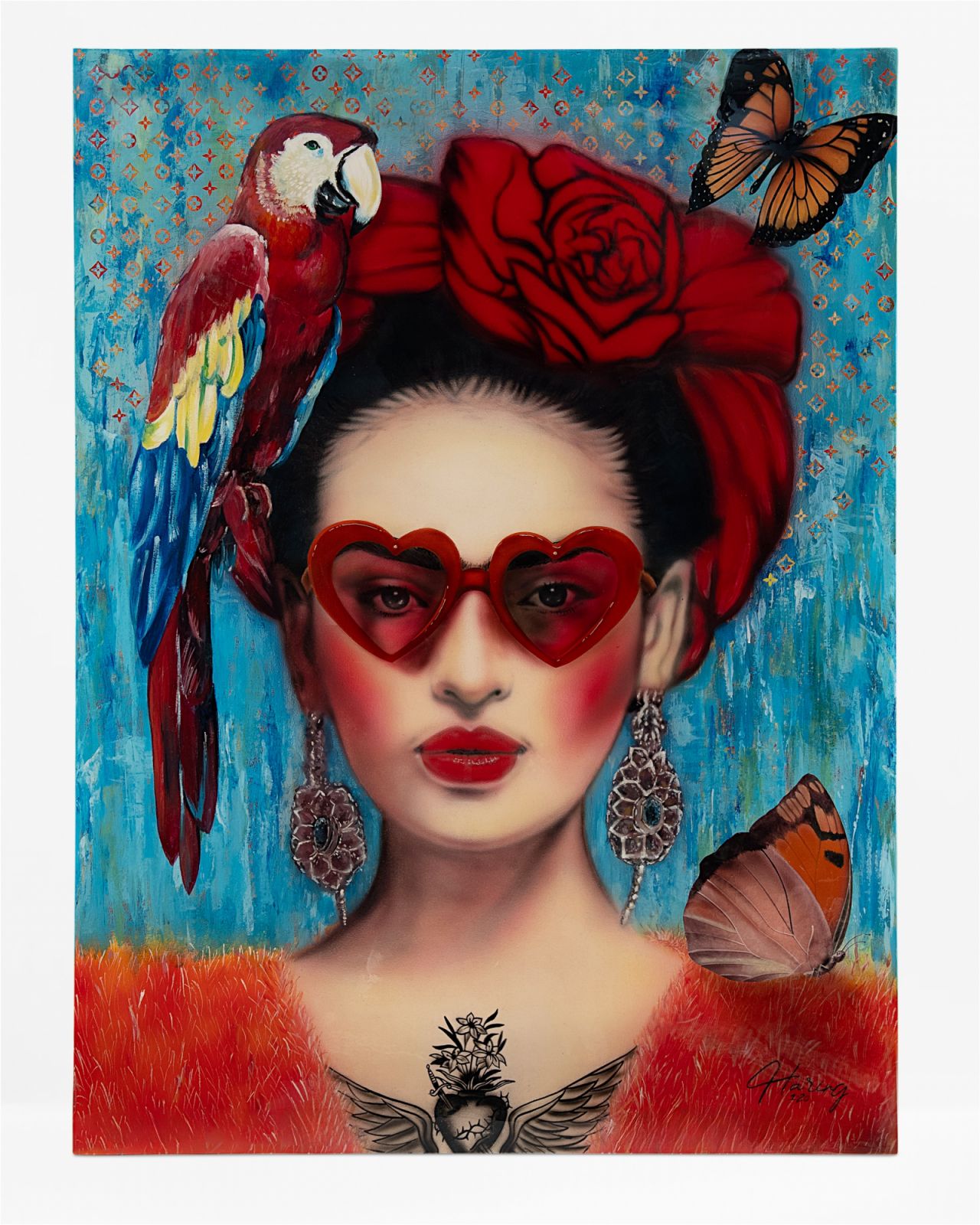 Dominik Haring’s ‘Frida’s Flair’ is an acrylic on canvas with epoxy lamination. This captivating piece captures Frida Kahlo’s spirit, celebrating her strength, resilience, and undeniable presence.