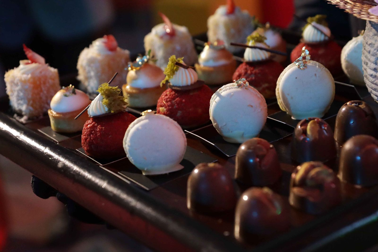 Raspberry profiteroles, Key lime tartlets, Davao chocolate and coconut macarons, chocolate praline and mango lamingtons for dessert!(Photo: Medal Elepano)