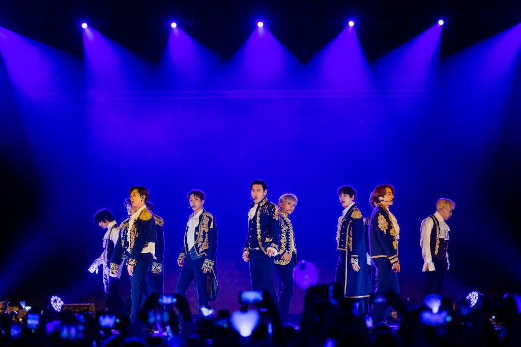 SAO PAULO, BRAZIL - FEBRUARY 9: Leeteuk, Heechul, Yesung, Shindong, Donghae, Eunhyuk, Siwon, Ryeowook and Kyuhyun of Super Junior perform live on stage during a concert as part of the world tour Super Show 9: Road at Espaco Unimed on February 9, 2023 in Sao Paulo, Brazil.(Photo by Mauricio Santana/Getty Images)