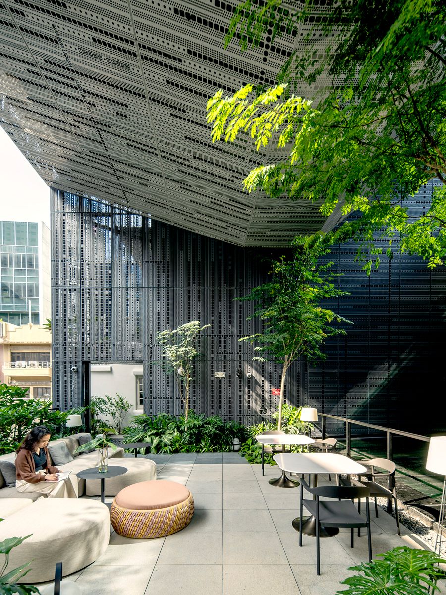 The garden terrace overlooks the glass-roofed lobby (Photo: Darren Soh)