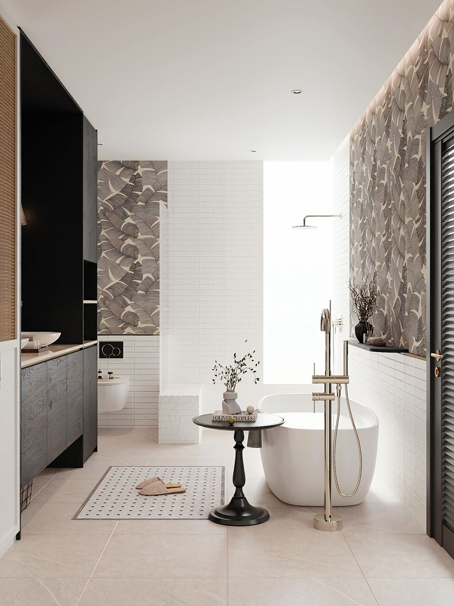 Leaf motifs on the wallpaper panels in the father-in-law’s bathroom bring tropical flair to the art deco-style interior (Photo: LA Design Studio)