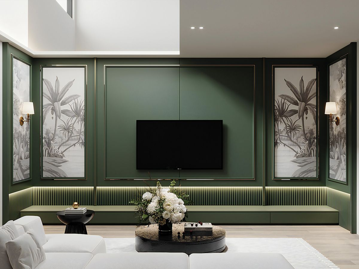 An air well lets ample daylight into the family room, which makes an impression with its tropical-themed panels and custom joinery (Photo: LA Design Studio)