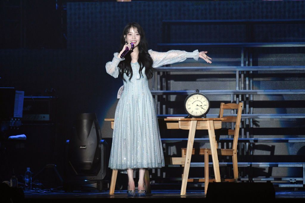 NEW TAIPEI, CHINA - NOVEMBER 30: South Korean singer IU performs on the stage in concert on November 30, 2019 in New Taipei City, Taiwan of China. (Photo by VCG/VCG via Getty Images)