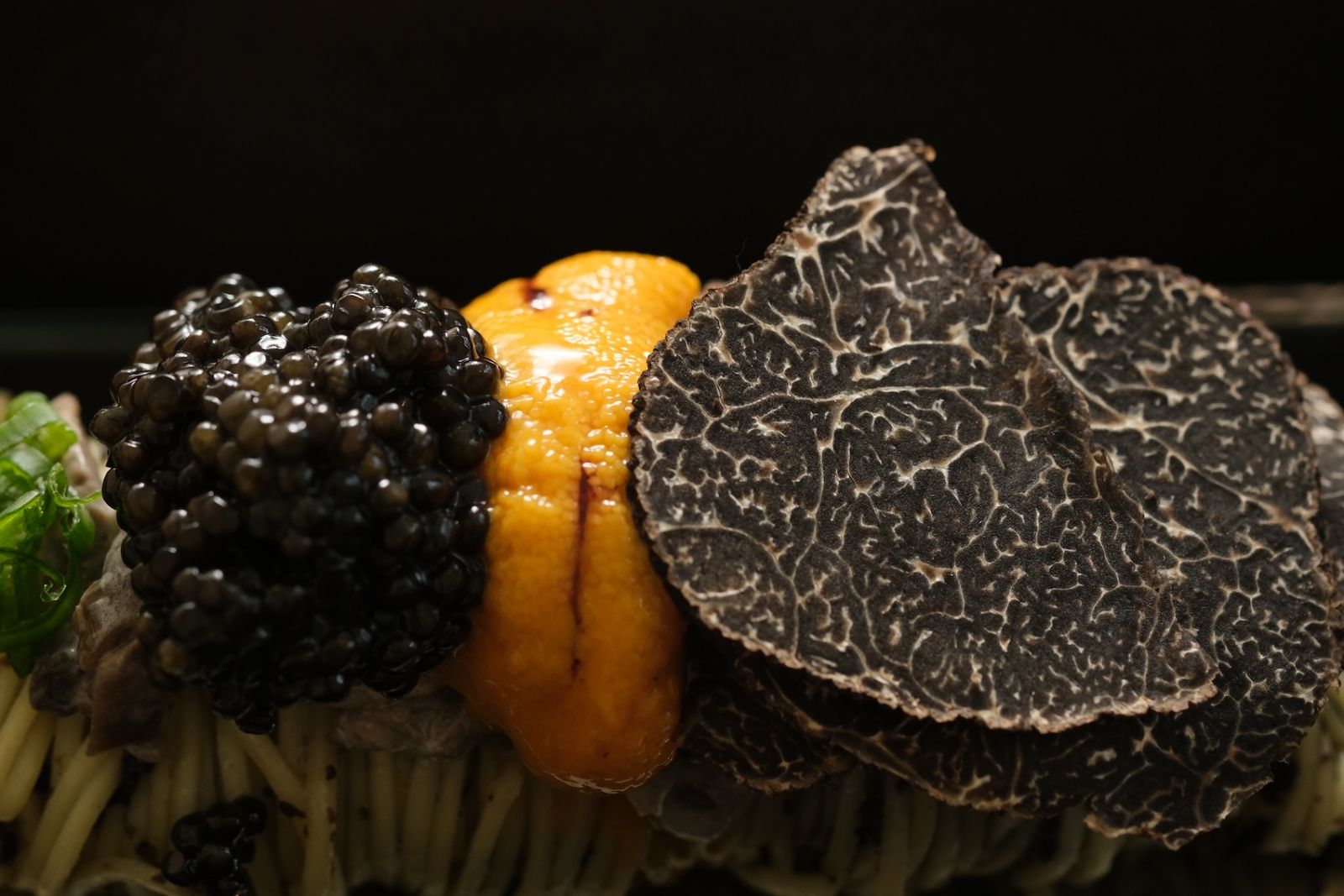 Angel hair pasta with baeri caviar, bafun uni and winter truffle shavings