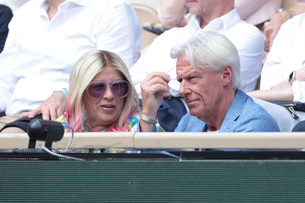 PARIS, FRANCE - JUNE 9: Bjorn Borg and Patricia Ostfeld attend the men's final on day 15 of the 2024 French Open, Roland-Garros 2024, Grand Slam tennis tournament at Roland Garros stadium on June 9, 2024 in Paris, France. (Photo by Jean Catuffe/Getty Images)